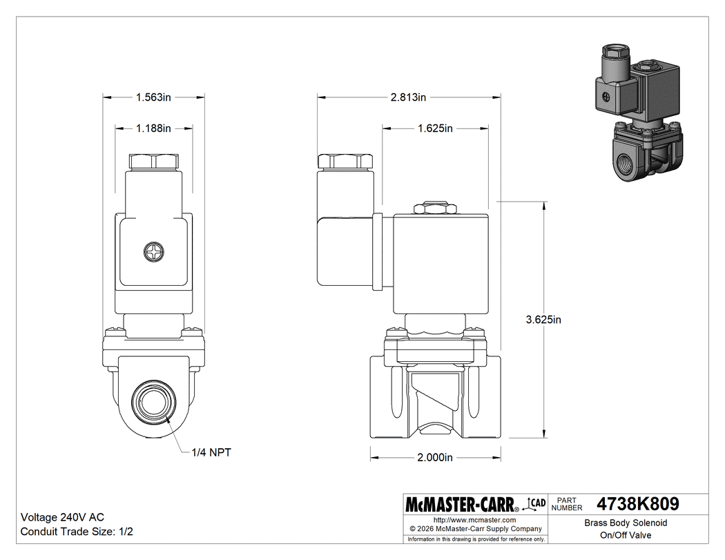 Technical Drawing of Brass Body Solenoid On/Off Valve, Normally Closed, 240V AC, 1/4 NPT Female, 1.4 Cv.